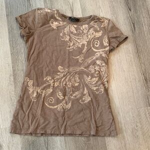 Style & Co. Brown Tee with Cream Scroll Print